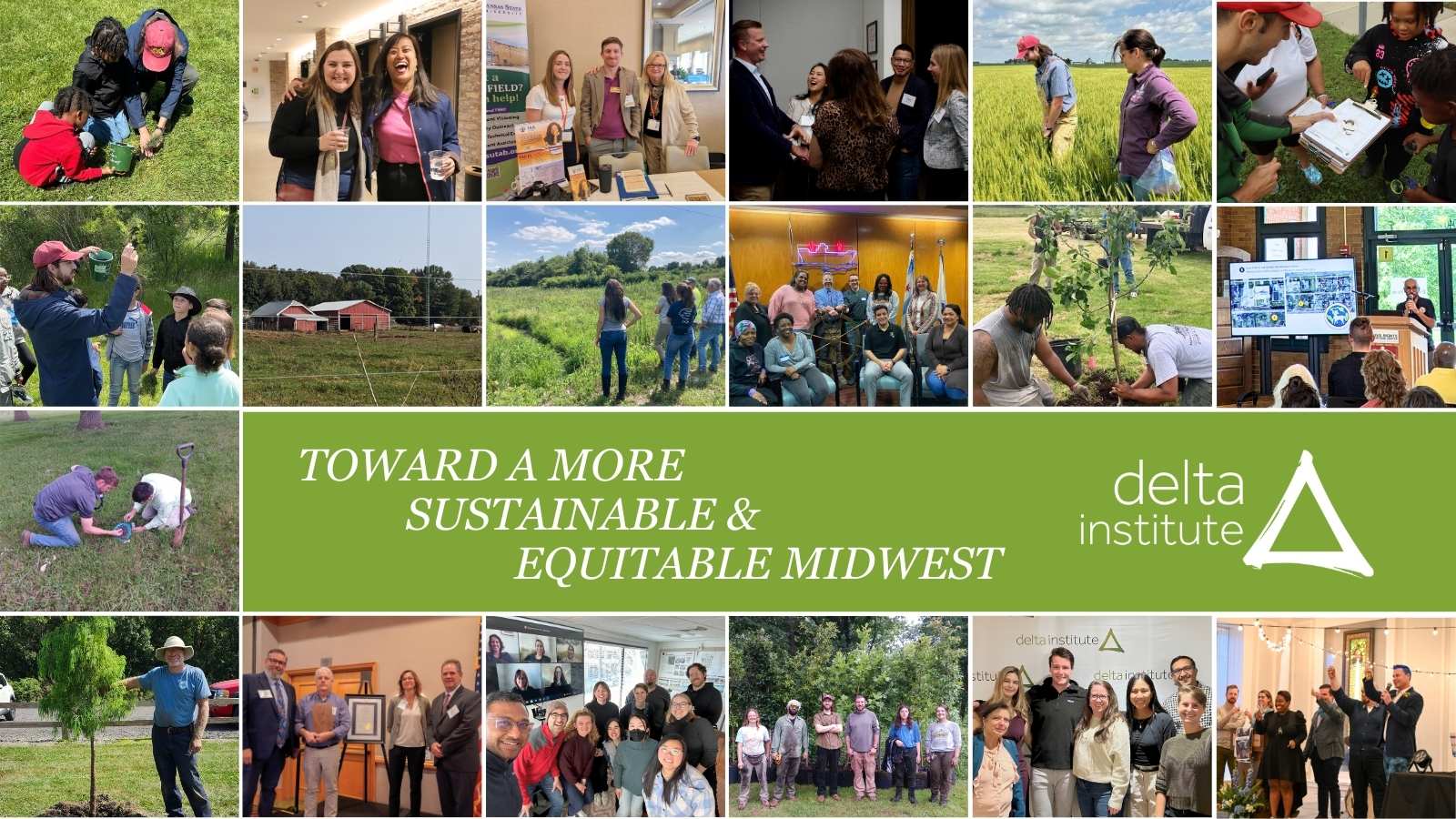 Photo collage with text that reads "Toward a more sustainable & equitable Midwest"