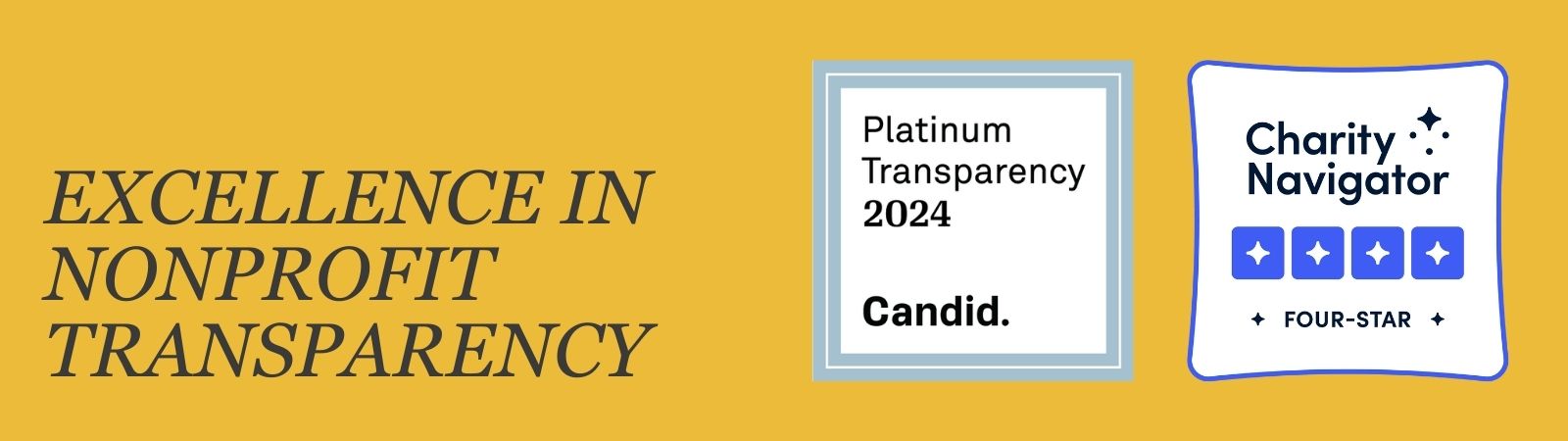 Text reads "Excellence in Nonprofit Transparency" with two badges from Candid and Charity Navigator