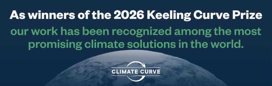 Text reads, "As winners of the 2026 Keeling Curve Prize, our work has been recognized among the most promising climate solutions in the world." Climate Curve logo at bottom